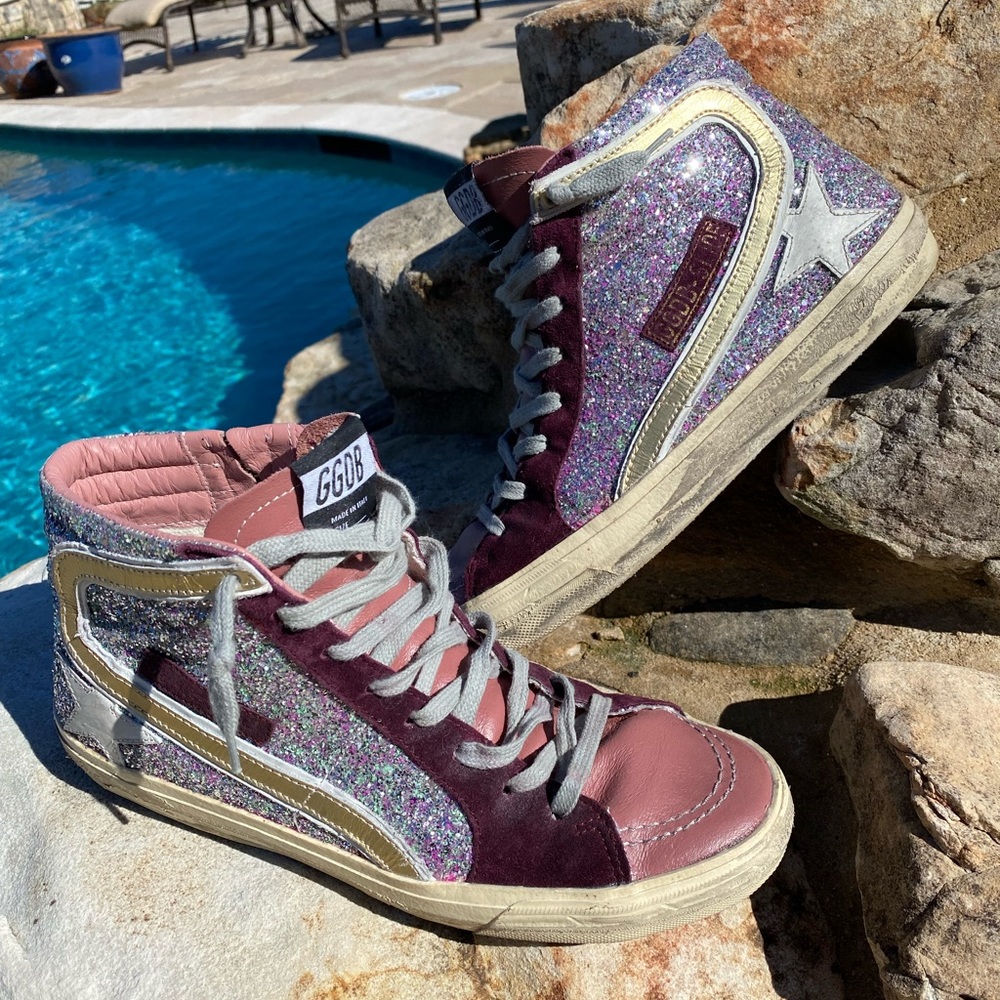 Pink + Burgundy Glitter Golden Goose Slides
